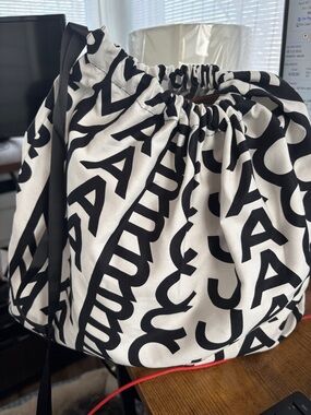Marc Jacobs Black and White Logo Drawstring Crossbody Bucket Bag